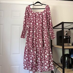 OPHELIA & INDIGO red white floral cotton square neck tiered midi dress